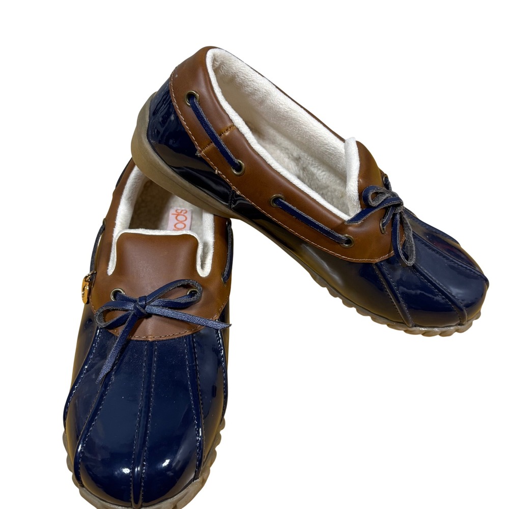 Sporto Patty Navy‎ Blue Brown Faux Fur Lined Duck Shoes Loafers Womens 7M